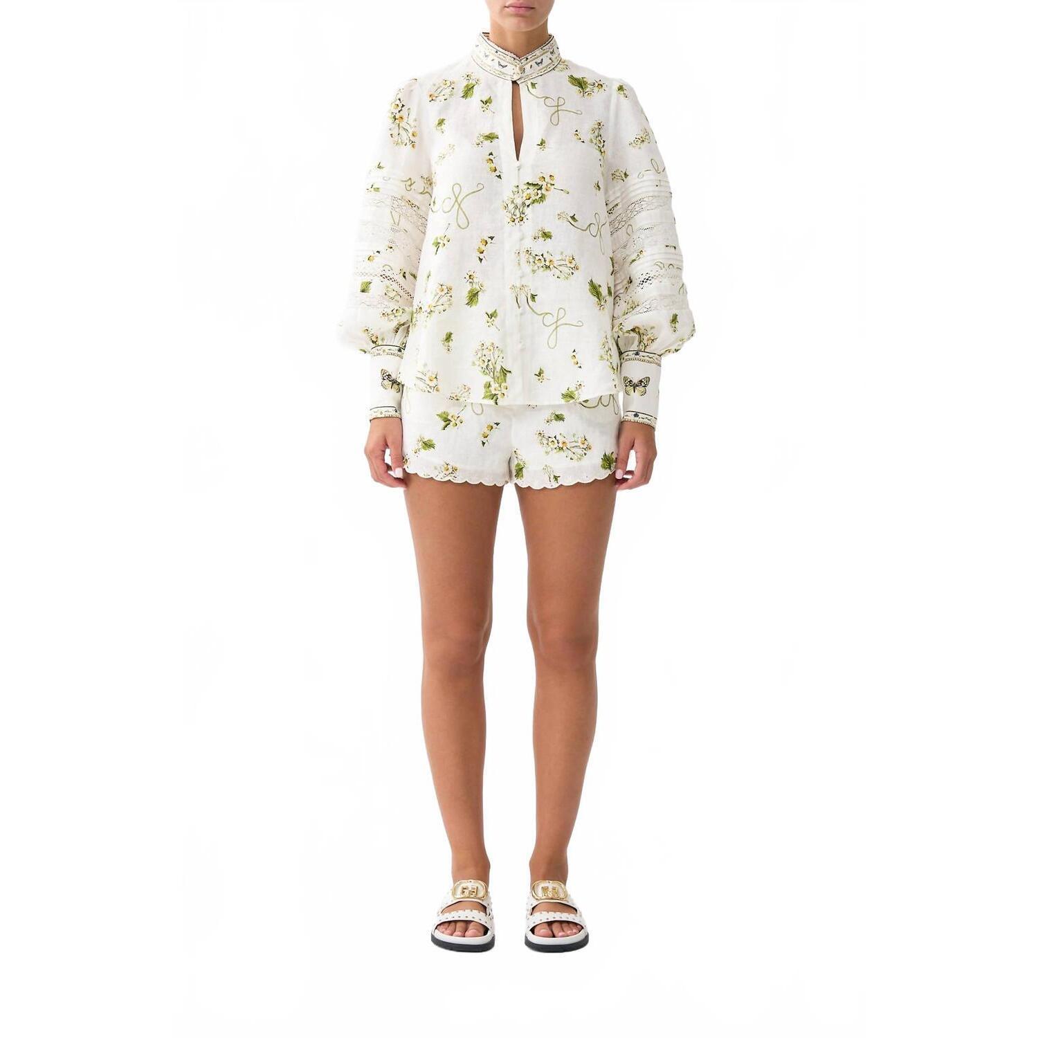 New Camilla Buttoned Collar Blouse With Blouson Sleeve In Botanical Utopia